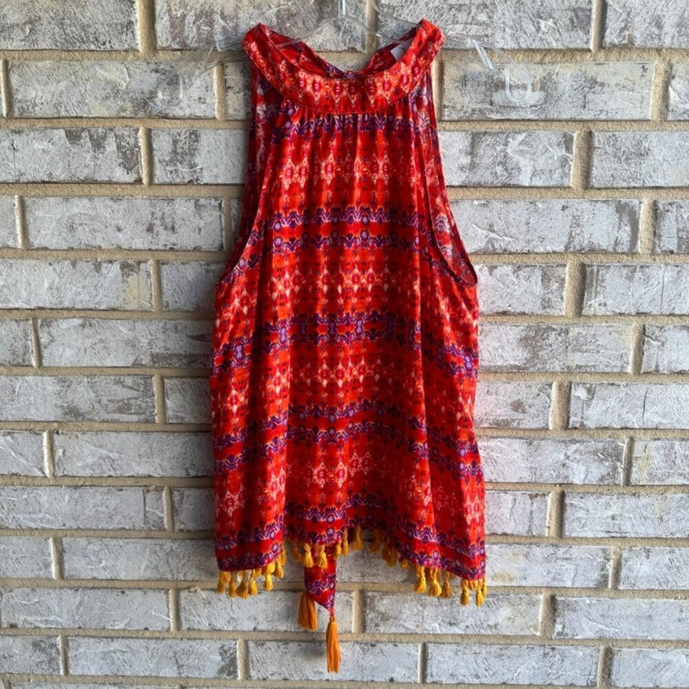 THML Sleeveless Halter Neck Style Tassel Geometric Tunic Blouse Women's Size S